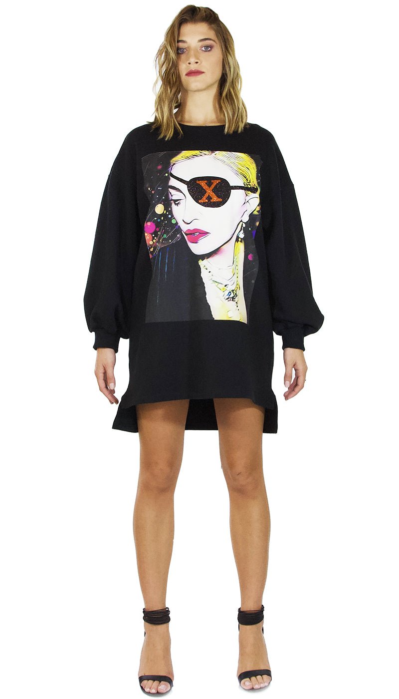 Gli Psicopatici Mini Abito in felpa nero modello oversize con stampa cantante Madonna. Vestiti - Boutique Luisa Trendy