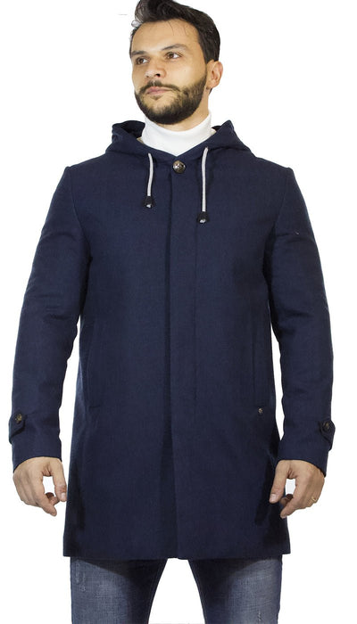 Havana & co Cappotto lungo uomo blu con cappuccio in tessuto effetto spigato Capispalla Uomo - Boutique Luisa Trendy