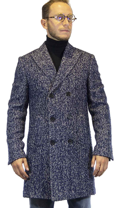 Havana & co Cappotto uomo doppiopetto in lana tweed spigato blu Capispalla Uomo - Boutique Luisa Trendy