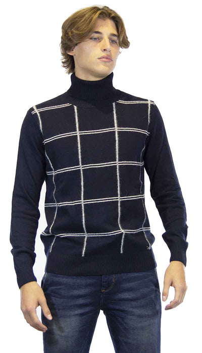 Havana & co Maglione dolcevita uomo in viscosa blu a quadri bianchi Maglie e cardigan uomo - Boutique Luisa Trendy