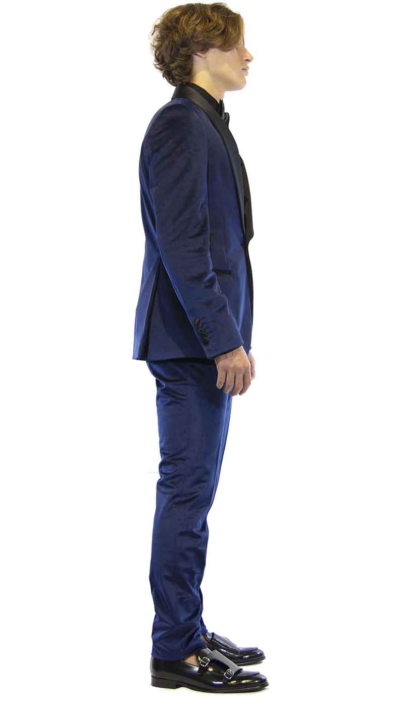 Manuel Ritz Abito smoking uomo blu in velluto e collo sciallato in raso nero Abiti e giacche - Boutique Luisa Trendy