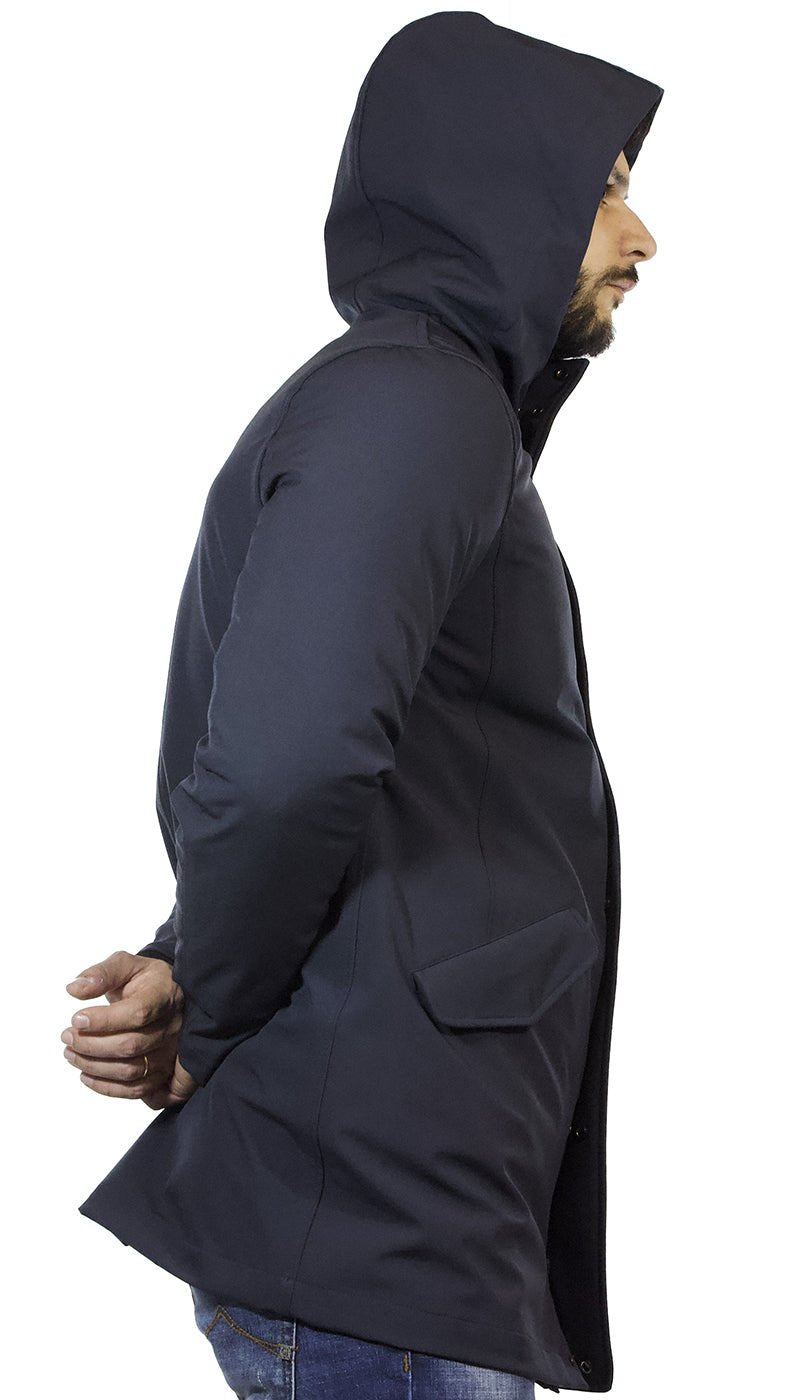Manuel Ritz Giaccone lungo uomo con cappuccio in tessuto tecnico stretch blu Capispalla Uomo - Boutique Luisa Trendy
