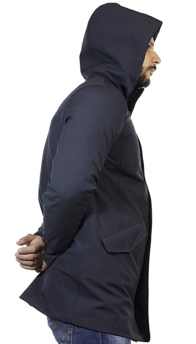 Manuel Ritz Giaccone lungo uomo con cappuccio in tessuto tecnico stretch blu Capispalla Uomo - Boutique Luisa Trendy