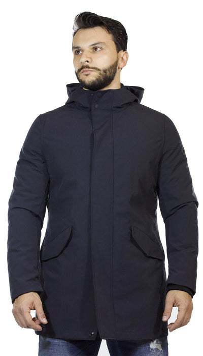 Manuel Ritz Giaccone lungo uomo con cappuccio in tessuto tecnico stretch blu Capispalla Uomo - Boutique Luisa Trendy