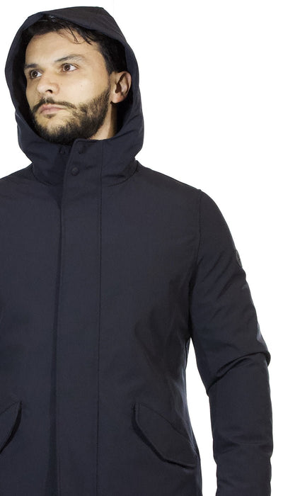 Manuel Ritz Giaccone lungo uomo con cappuccio in tessuto tecnico stretch blu Capispalla Uomo - Boutique Luisa Trendy