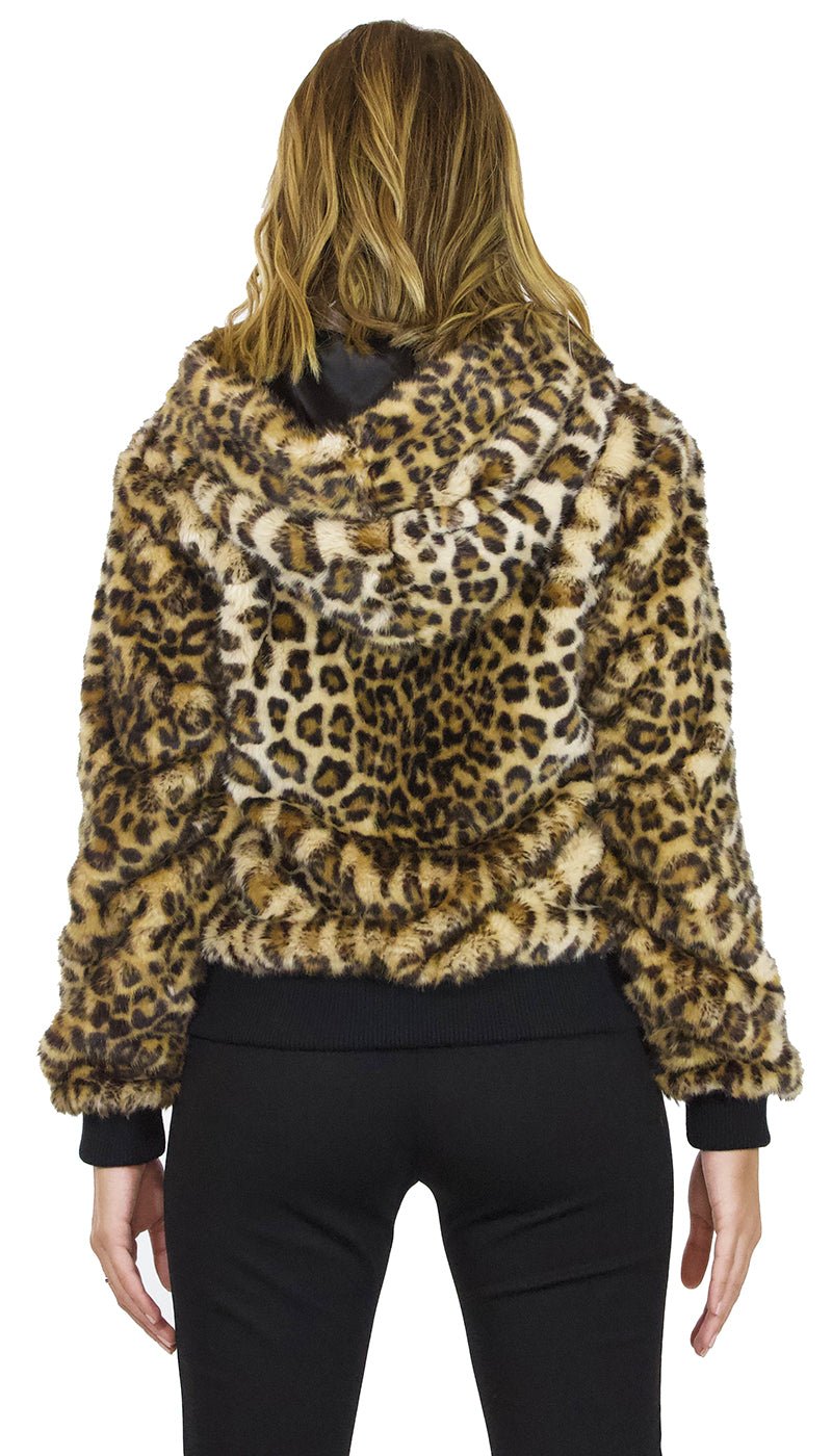 Nosecrets Bomber Pelliccia ecologica maculata con cappuccio e zip. Capispalla Donna - Boutique Luisa Trendy
