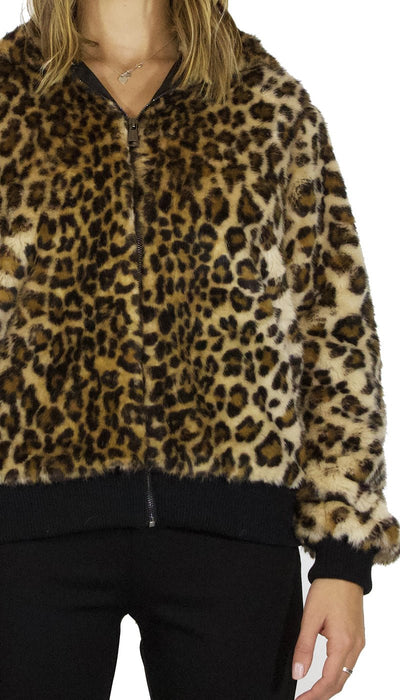 Nosecrets Bomber Pelliccia ecologica maculata con cappuccio e zip. Capispalla Donna - Boutique Luisa Trendy