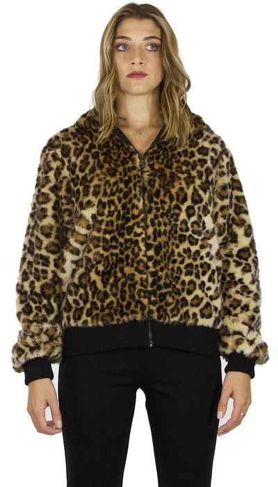 Nosecrets Bomber Pelliccia ecologica maculata con cappuccio e zip. Capispalla Donna - Boutique Luisa Trendy