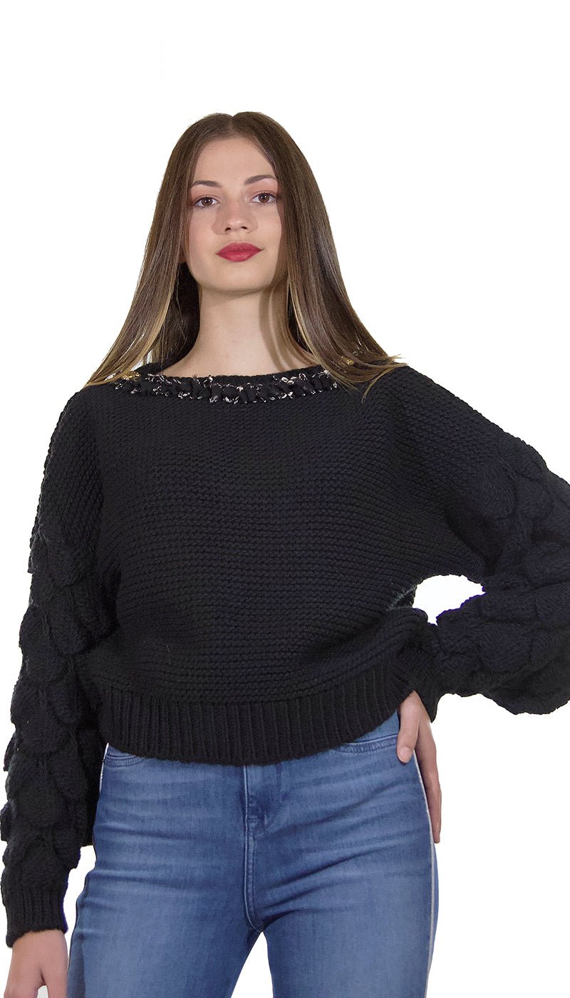 ODI ET AMO Maglia nera in lana con applicazione scollo. A053U1 Maglie e cardigan Donna - Boutique Luisa Trendy
