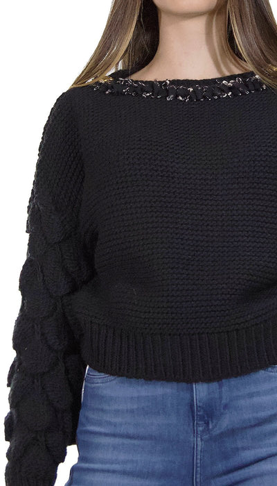 ODI ET AMO Maglia nera in lana con applicazione scollo. A053U1 Maglie e cardigan Donna - Boutique Luisa Trendy