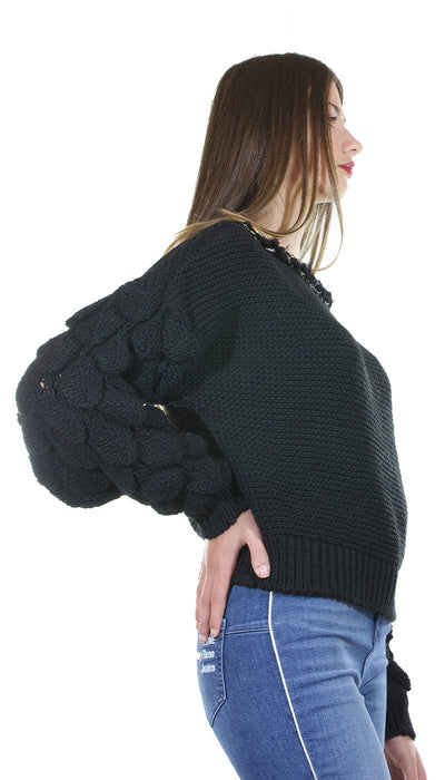 ODI ET AMO Maglia nera in lana con applicazione scollo. A053U1 Maglie e cardigan Donna - Boutique Luisa Trendy