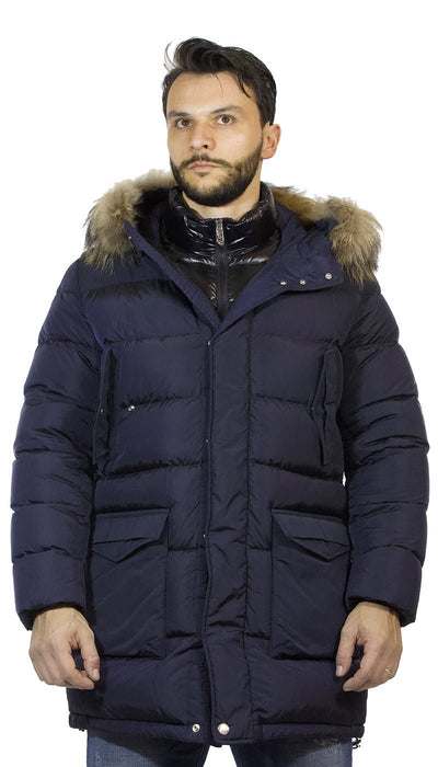 Piumino lungo uomo Add blu con pettorina e cappuccio di pelliccia staccabile Capispalla Uomo - Boutique Luisa Trendy