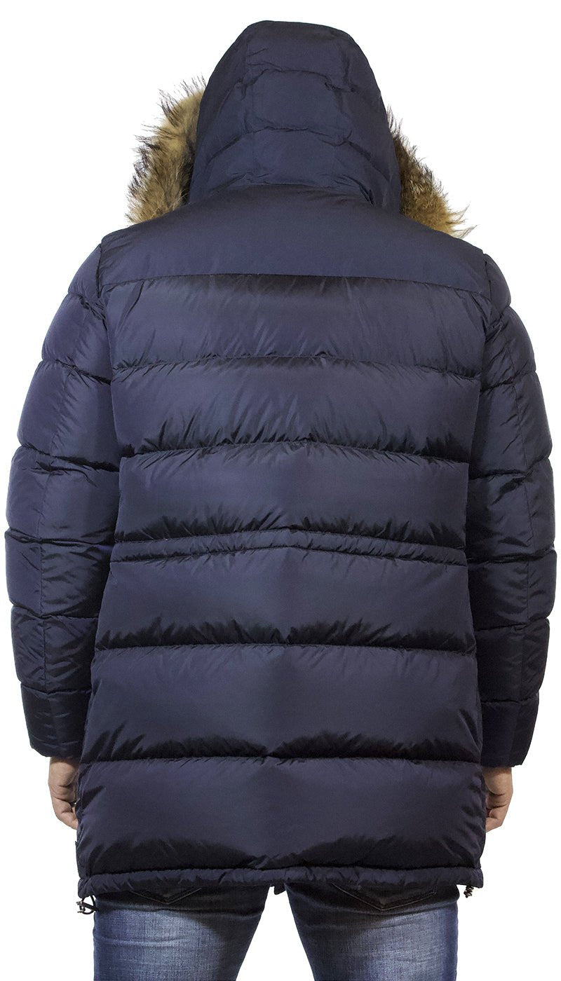 Piumino lungo uomo Add blu con pettorina e cappuccio di pelliccia staccabile Capispalla Uomo - Boutique Luisa Trendy