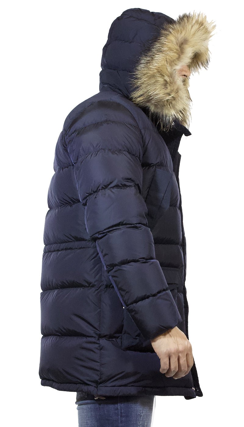 Piumino lungo uomo Add blu con pettorina e cappuccio di pelliccia staccabile Capispalla Uomo - Boutique Luisa Trendy