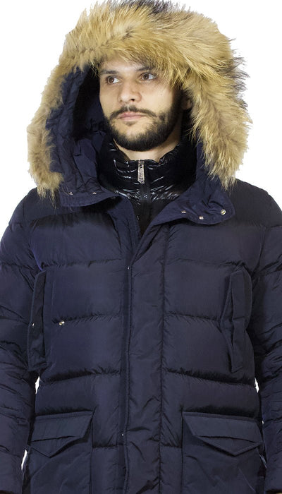 Piumino lungo uomo Add blu con pettorina e cappuccio di pelliccia staccabile Capispalla Uomo - Boutique Luisa Trendy