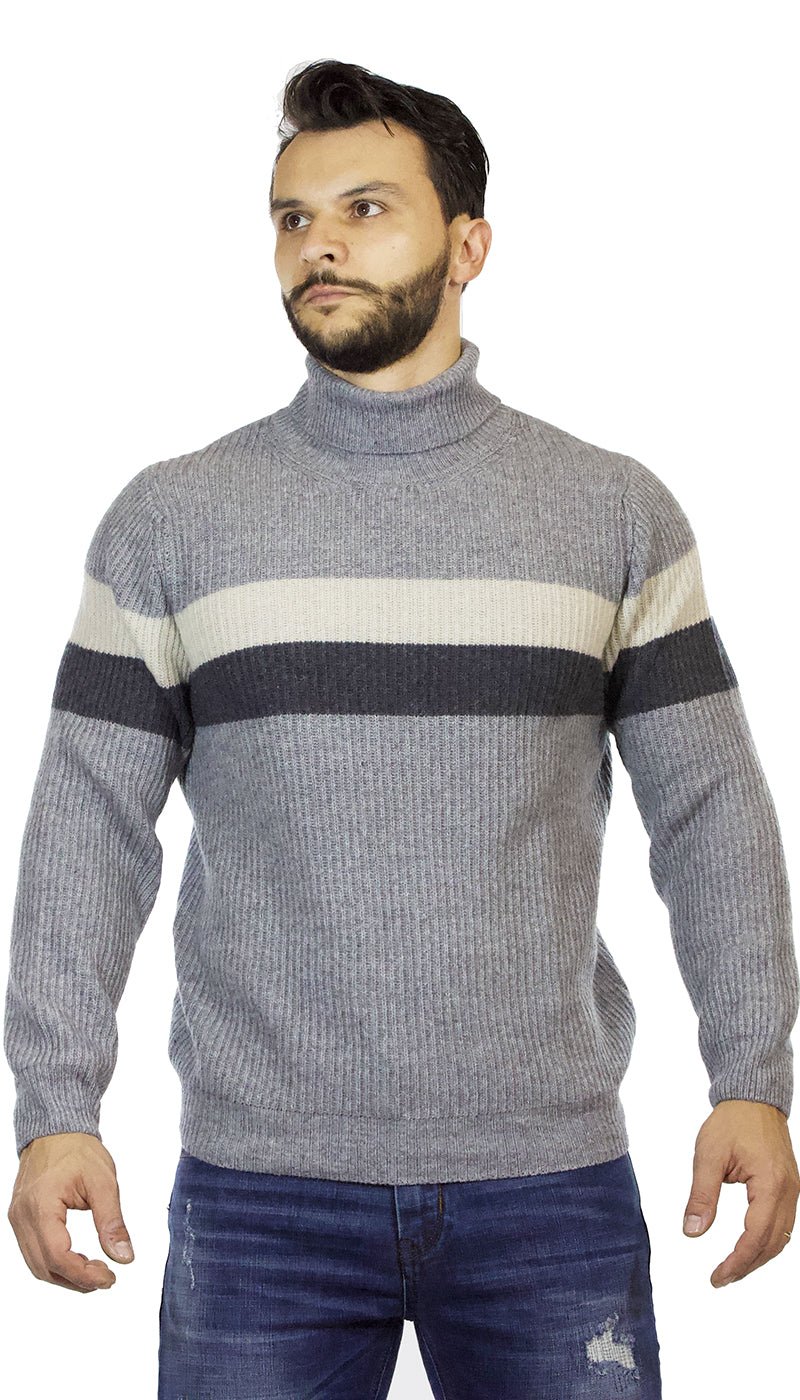 Seventy Maglia dolcevita uomo in lana grigio con fasce orizzontali. Maglie e cardigan uomo - Boutique Luisa Trendy