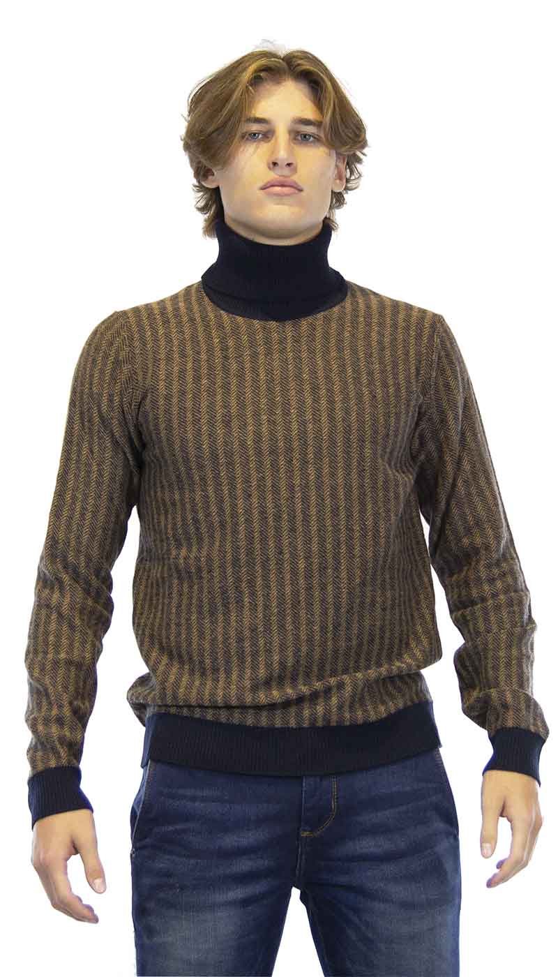 Seventy Maglia Dolcevita uomo in lana marrone a righe blu. Maglie e cardigan uomo - Boutique Luisa Trendy