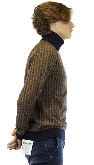 Seventy Maglia Dolcevita uomo in lana marrone a righe blu. Maglie e cardigan uomo - Boutique Luisa Trendy